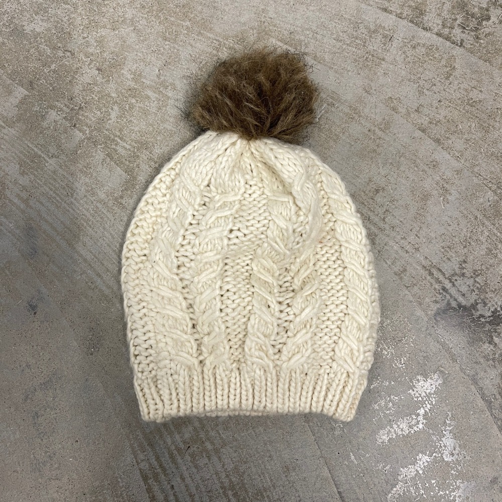 Cream Cable Knit Beanie with Faux Fur Pom Pom Winter Hat Ivory OSFM
